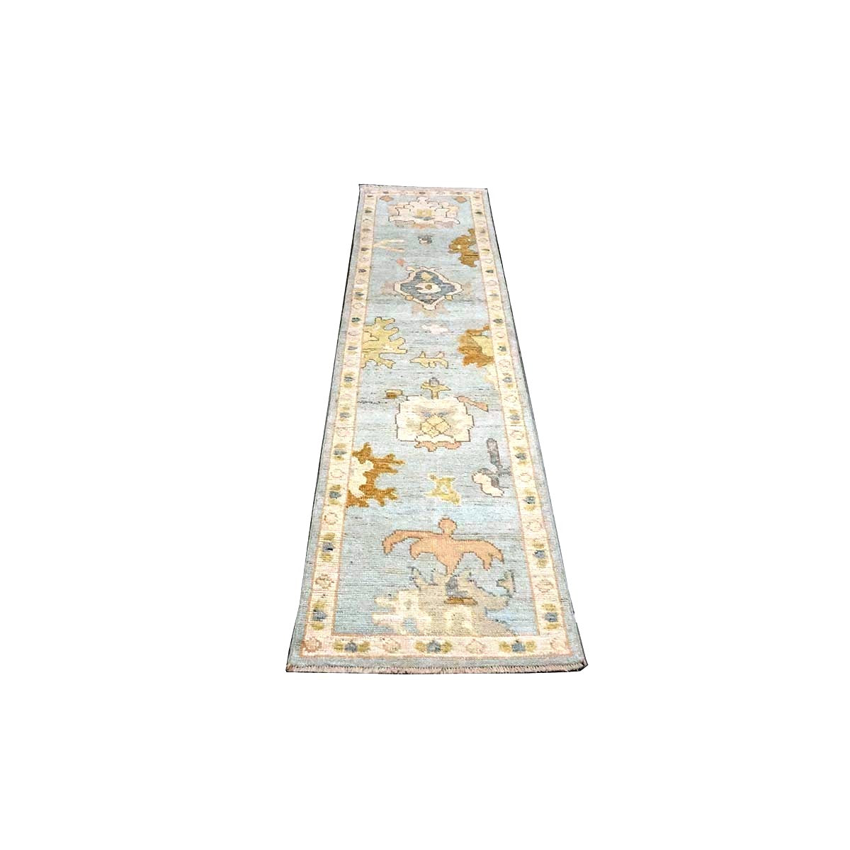 21st Century Turkish Oushak Wool 2X10 Light Blue, Yellow & Ivory Handmade Runner Rug #1144116