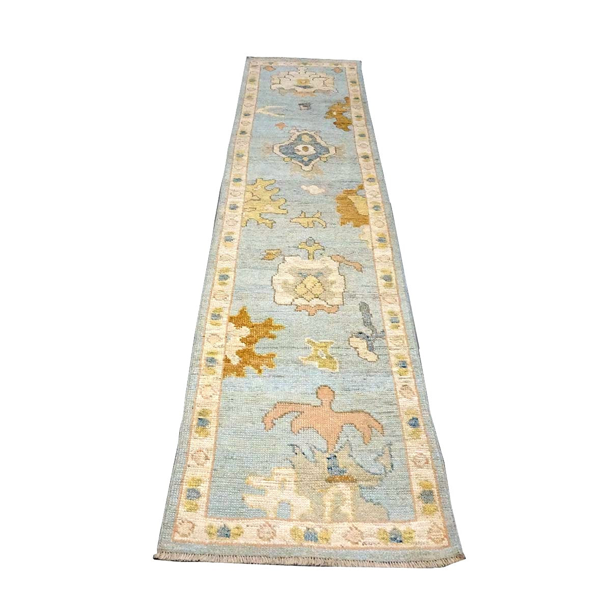 21st Century Turkish Oushak Wool 2X10 Gold, Light Blue & Ivory Handmade Runner Rug #1144116