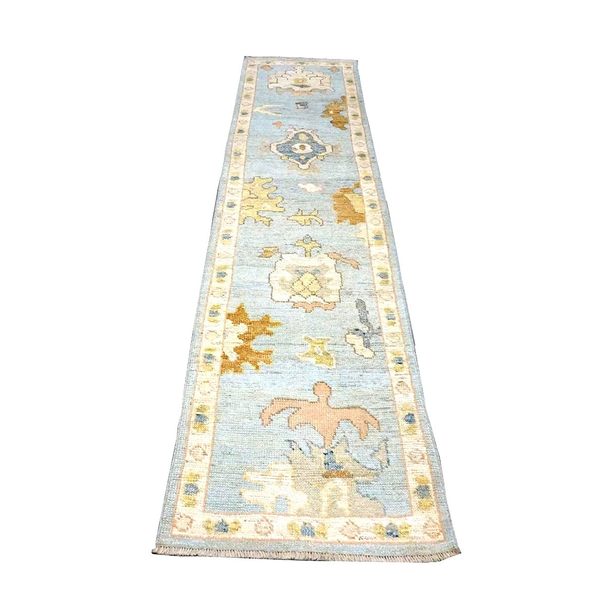 21st Century Turkish Oushak Wool 2X10 Light Blue, Yellow & Ivory Handmade Runner Rug #1144116
