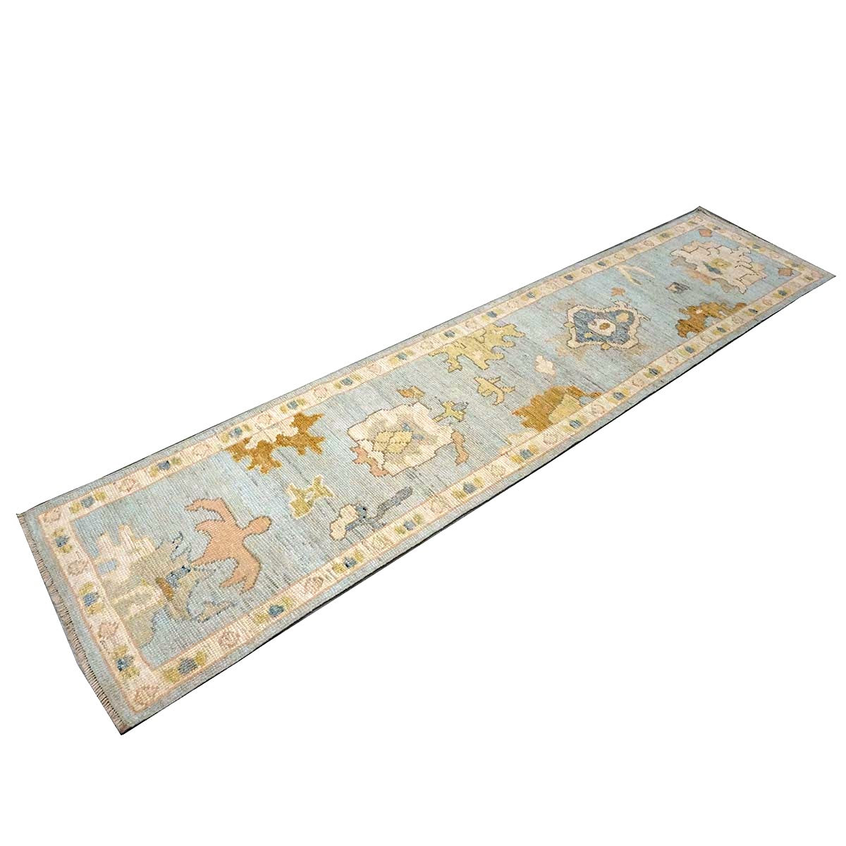 21st Century Turkish Oushak Wool 2X10 Gold, Light Blue & Ivory Handmade Runner Rug #1144116