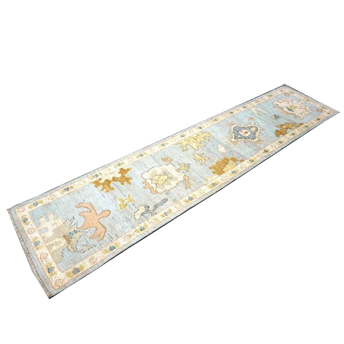 21st Century Turkish Oushak Wool 2X10 Light Blue, Yellow & Ivory Handmade Runner Rug #1144116