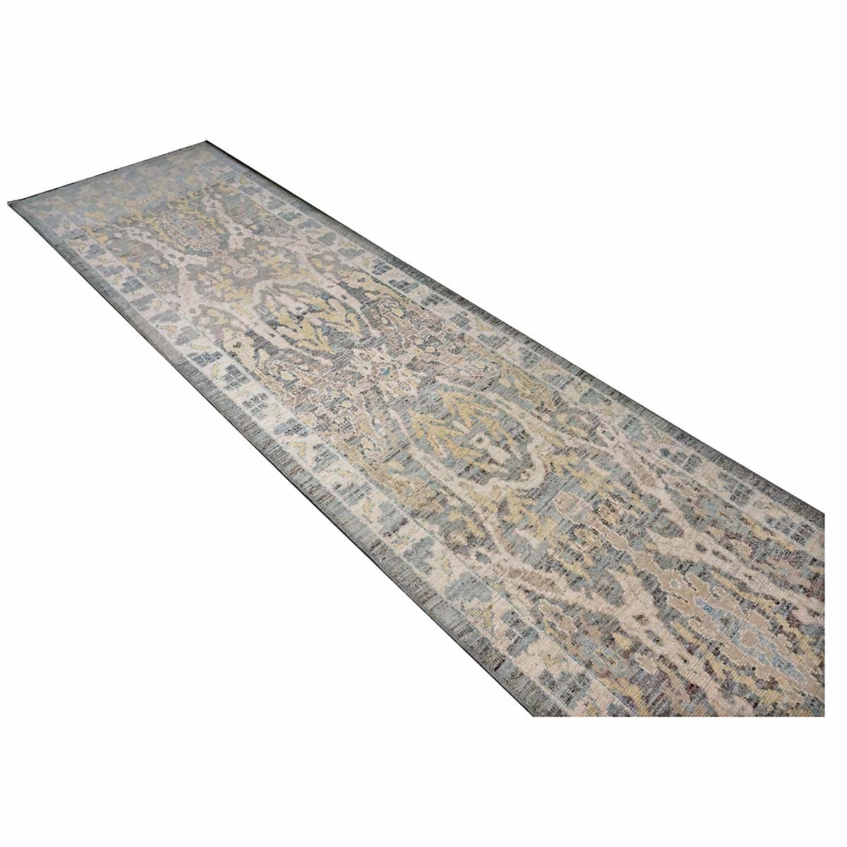 Persian Sultanabad Wool 3x21 Grey, Ivory & Light Blue Handmade Runner Rug #1144119
