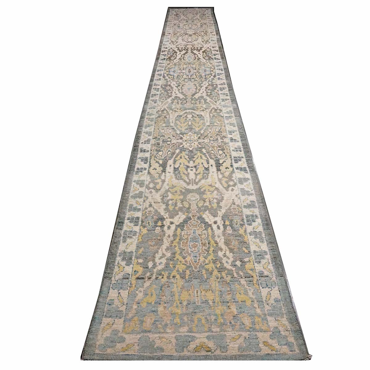 Persian Sultanabad Wool 3x21 Grey, Ivory & Light Blue Handmade Runner Rug #1144119