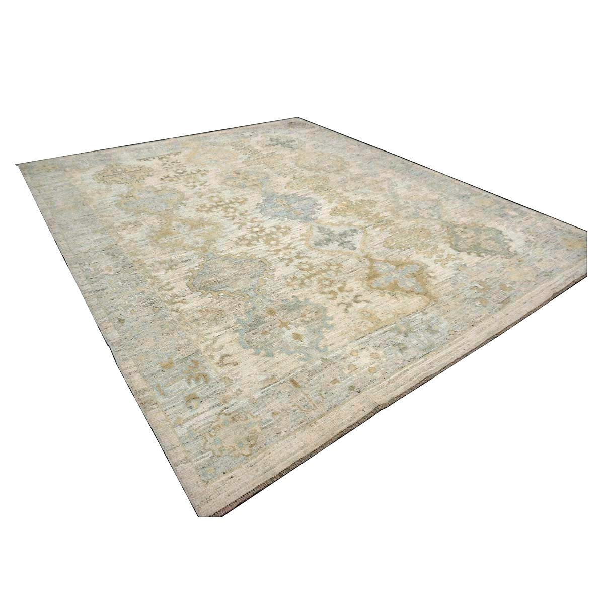 21st Century Turkish Oushak Wool 9X10 Gold, Gray & Ivory Handmade Area Rug #1144124