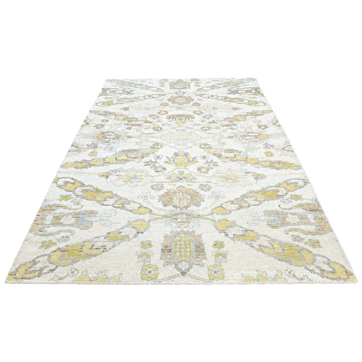 21st Century Turkish Oushak Wool 10X13 Gold, Ivory & Slate Blue Handmade Area Rug #1144129