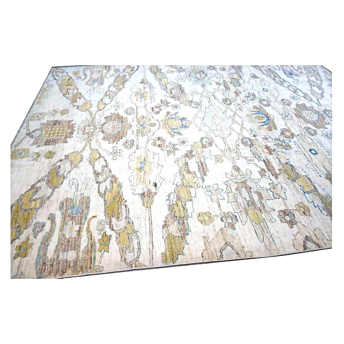 21st Century Turkish Oushak Wool 10X13 Gold, Ivory & Slate Blue Handmade Area Rug #1144129