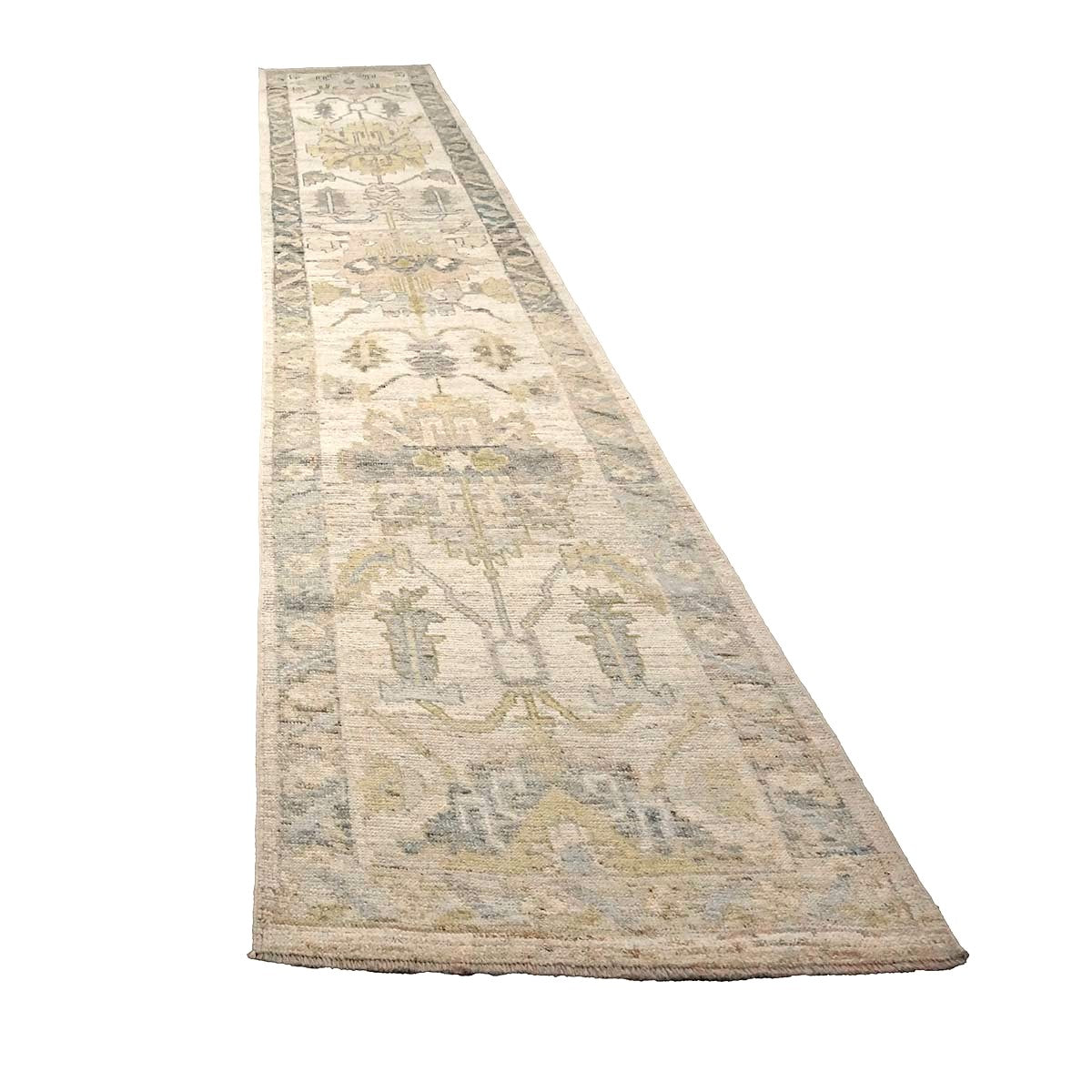 21st Century Turkish Oushak Wool 3X19 Yellow, Ivory & Charcoal Handmade Runner Rug #1144136
