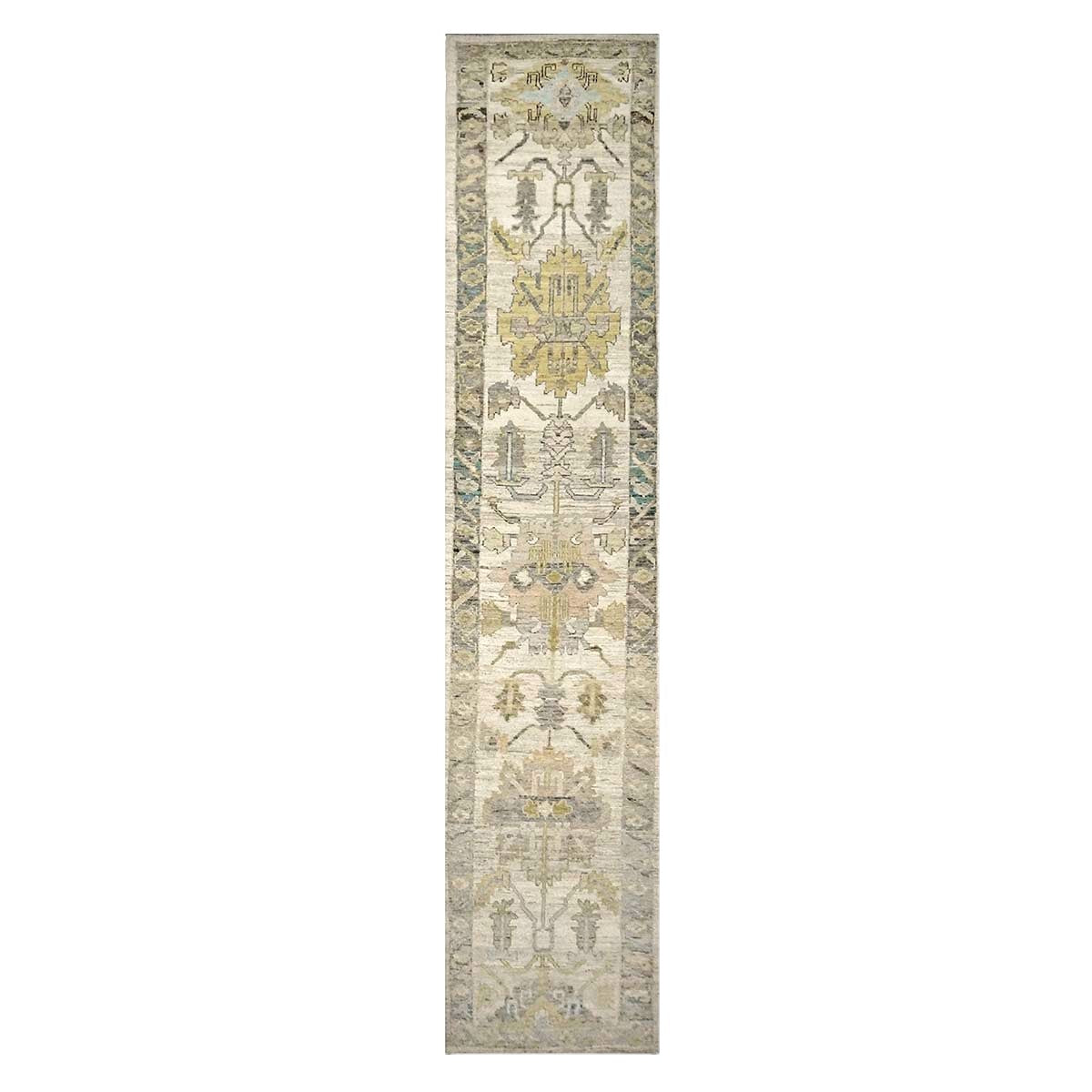 21st Century Turkish Oushak Wool 3X19 Yellow, Ivory & Charcoal Handmade Runner Rug #1144136