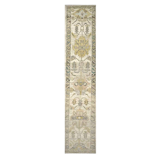 21st Century Turkish Oushak Wool 3X19 Yellow, Ivory & Charcoal Handmade Runner Rug #1144136