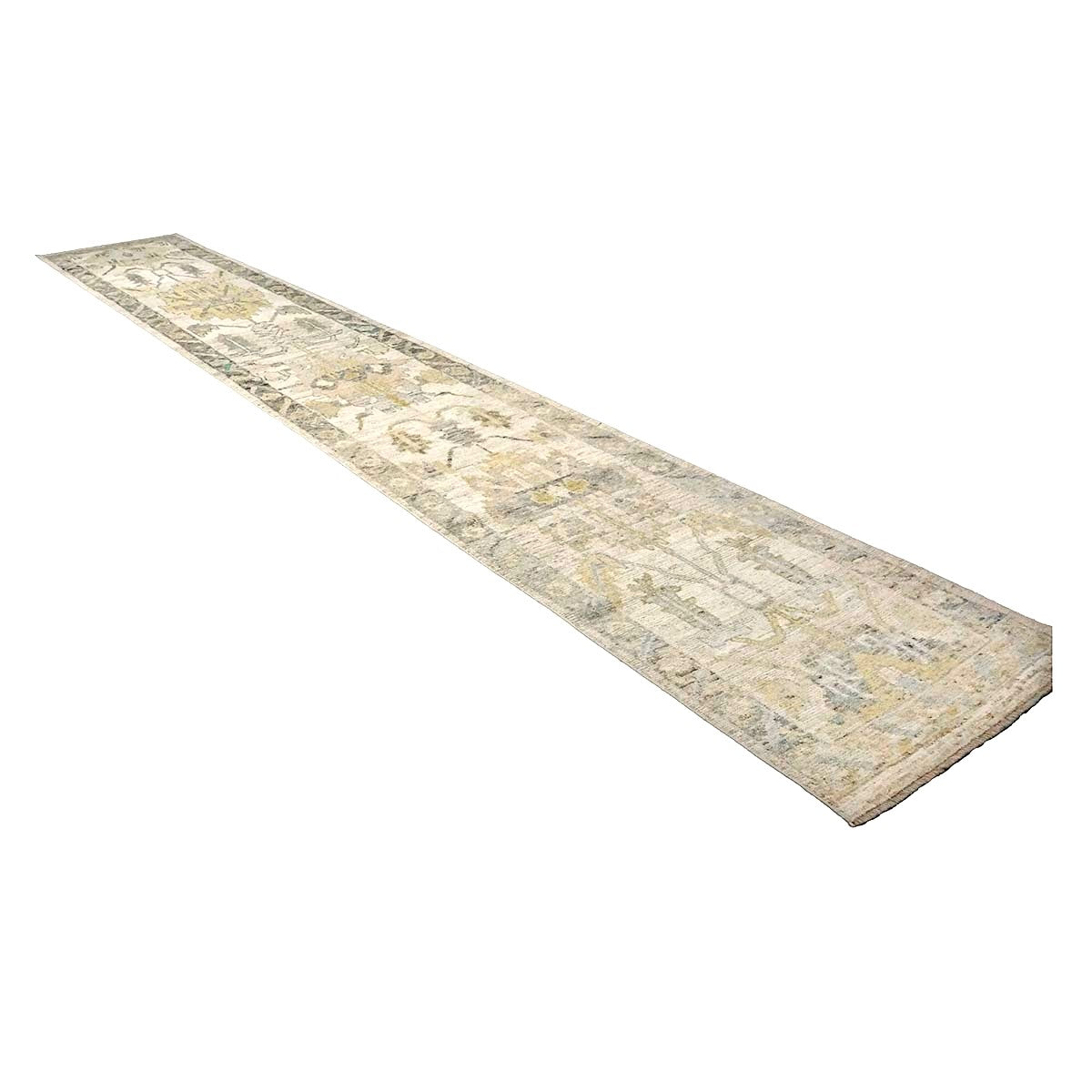 21st Century Turkish Oushak Wool 3X19 Yellow, Ivory & Charcoal Handmade Runner Rug #1144136