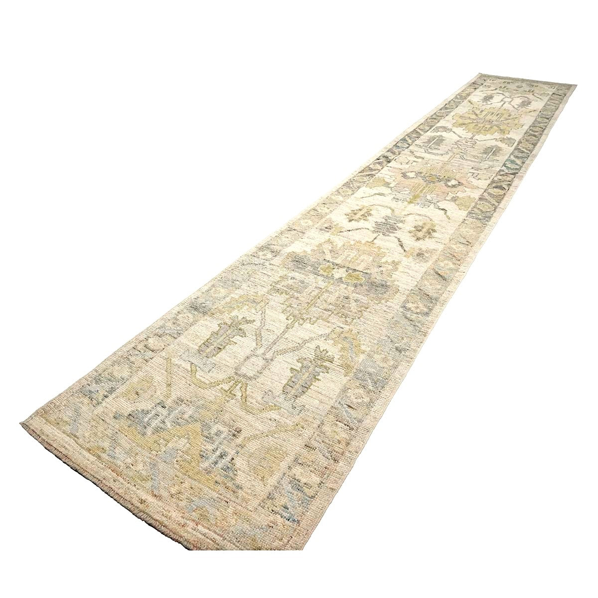 21st Century Turkish Oushak Wool 3X19 Yellow, Ivory & Charcoal Handmade Runner Rug #1144136