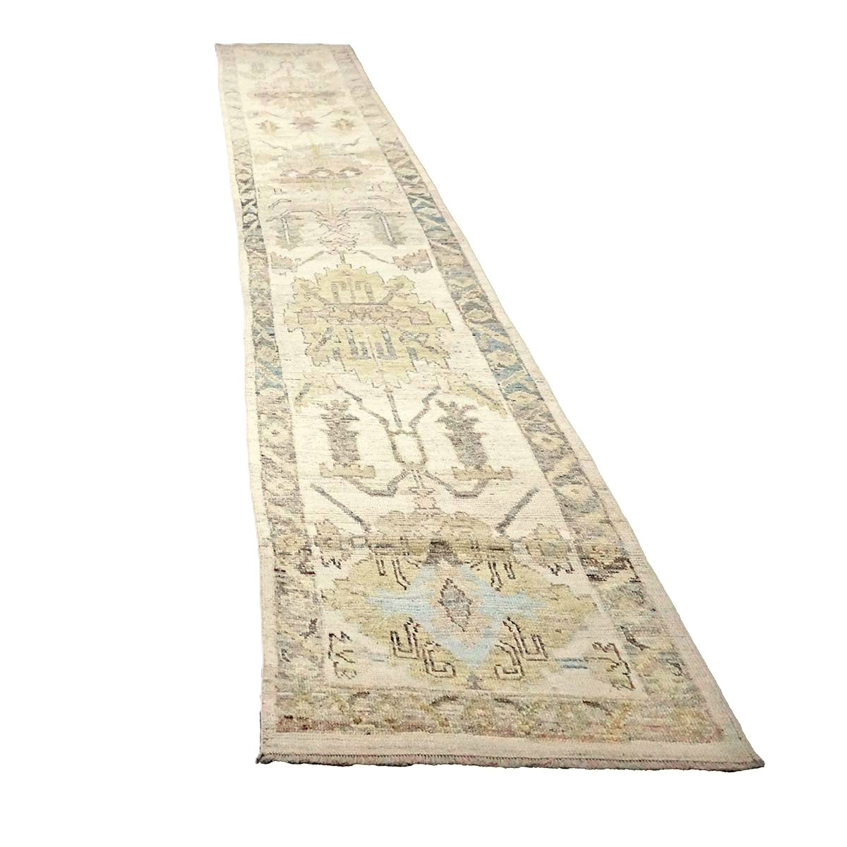 21st Century Turkish Oushak Wool 3X19 Yellow, Ivory & Charcoal Handmade Runner Rug #1144136
