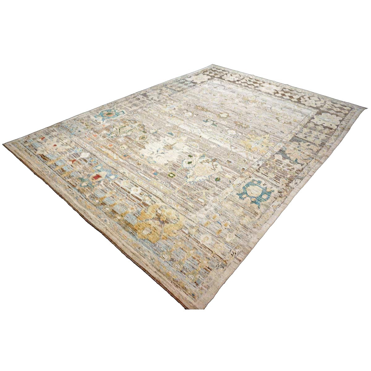 21st Century Turkish Oushak Wool 9X13 Charcoal, Tan & Blue Handmade Area Rug #1144139
