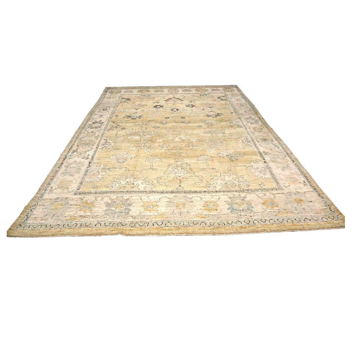 21st Century Turkish Oushak Wool 10X13 Gold, Ivory & Charcoal Handmade Area Rug #1144141