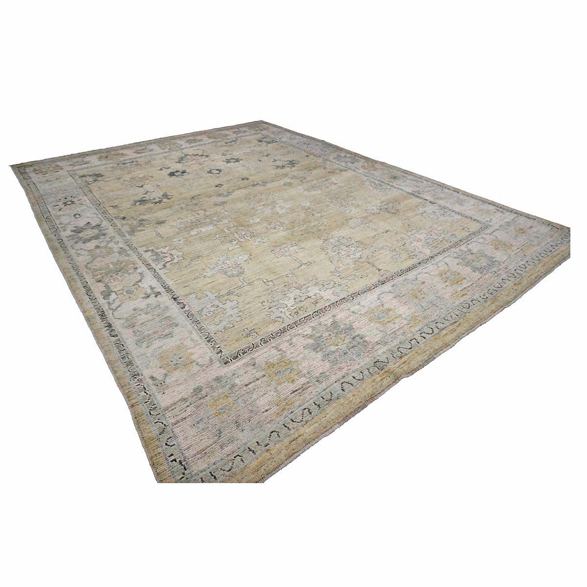 21st Century Turkish Oushak Wool 10X13 Gold, Ivory & Charcoal Handmade Area Rug #1144141