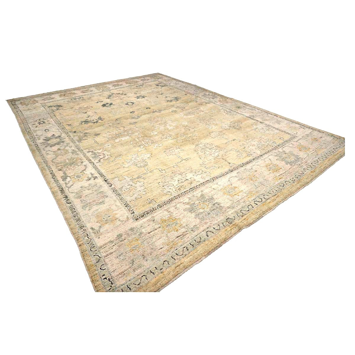 21st Century Turkish Oushak Wool 10X13 Gold, Ivory & Charcoal Handmade Area Rug #1144141
