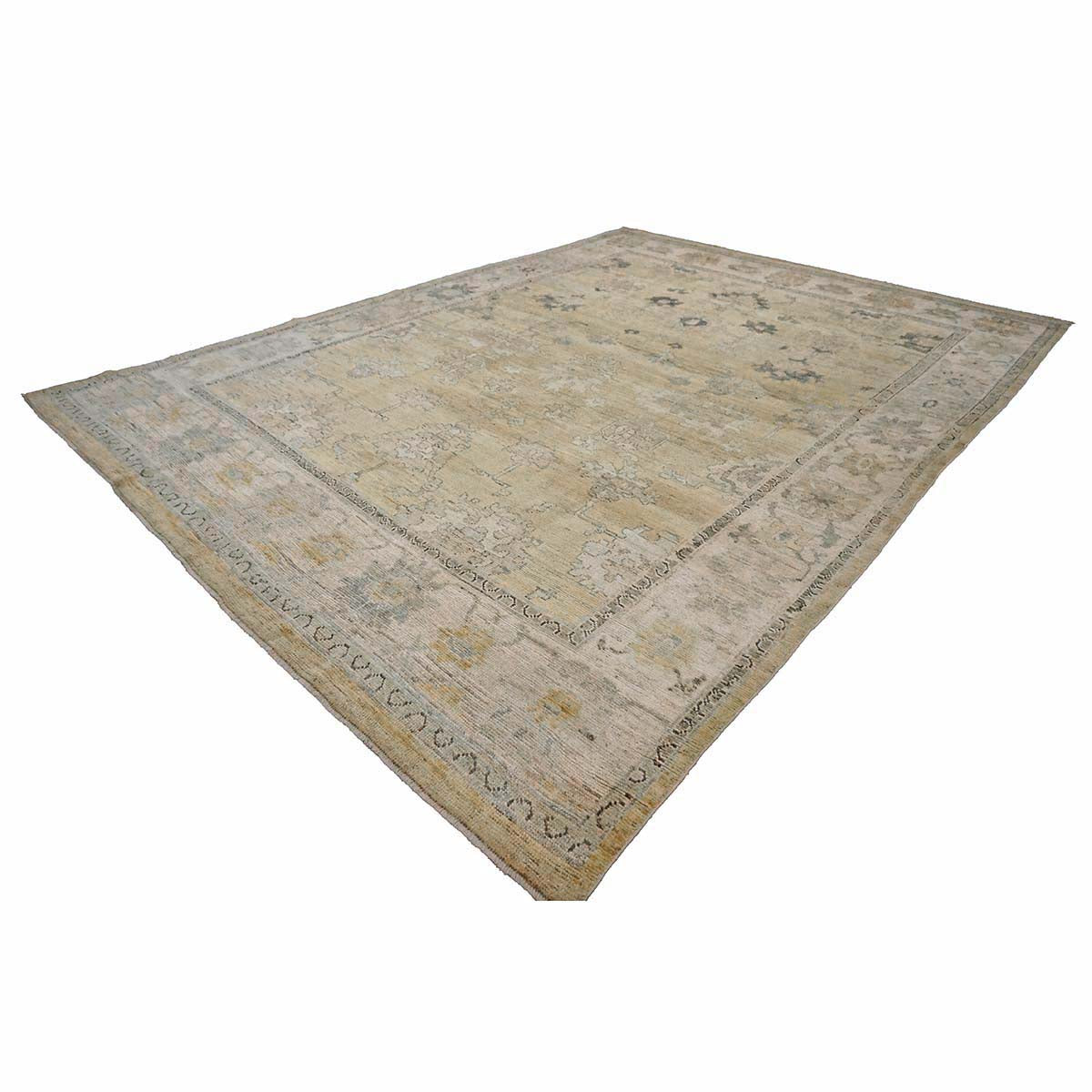 21st Century Turkish Oushak Wool 10X13 Gold, Ivory & Charcoal Handmade Area Rug #1144141