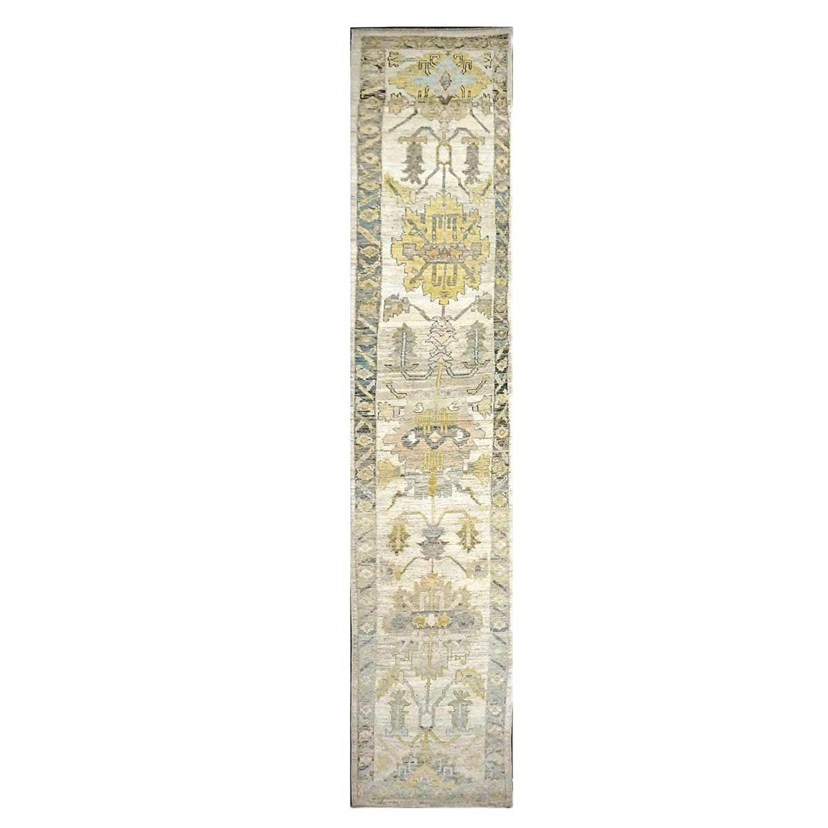 21st Century Turkish Oushak Wool 3X19 Yellow, Ivory & Charcoal Handmade Runner Rug #1144143