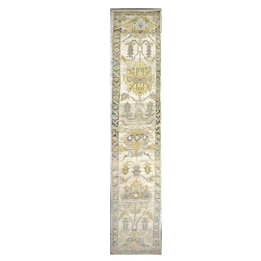 21st Century Turkish Oushak Wool 3X19 Yellow, Ivory & Charcoal Handmade Runner Rug #1144143