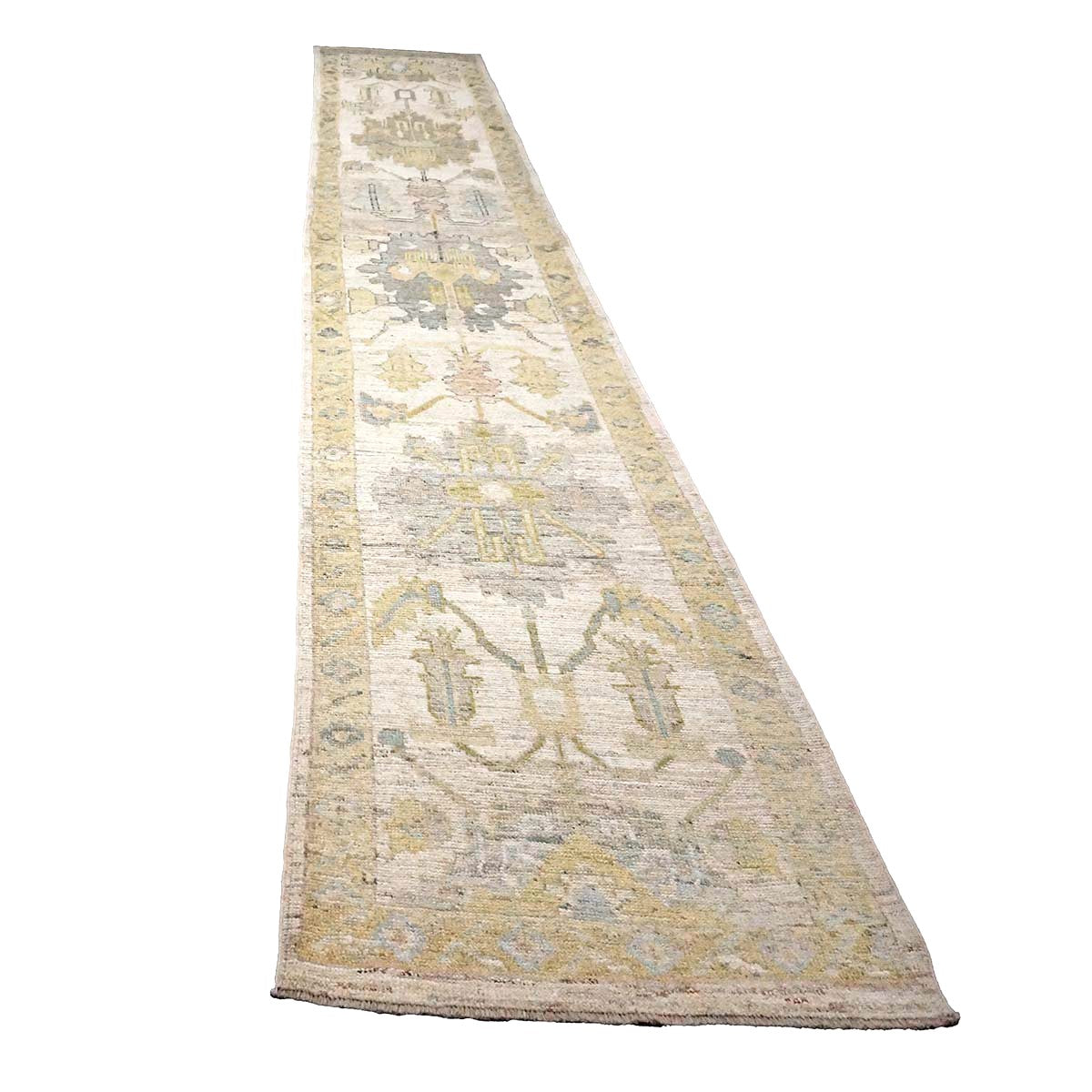 21st Century Turkish Oushak Wool 3X19 Yellow, Ivory & Charcoal Handmade Runner Rug #1144143