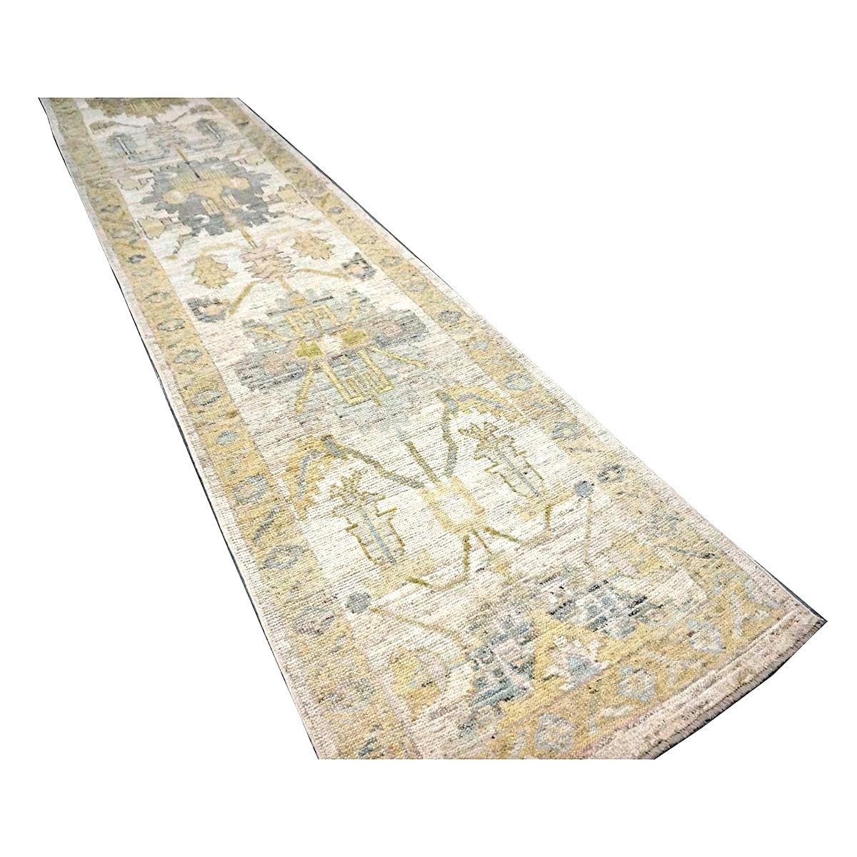 21st Century Turkish Oushak Wool 3X19 Yellow, Ivory & Charcoal Handmade Runner Rug #1144143
