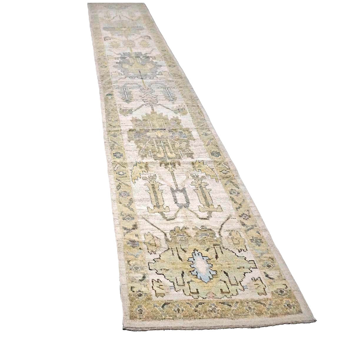 21st Century Turkish Oushak Wool 3X19 Yellow, Ivory & Charcoal Handmade Runner Rug #1144143