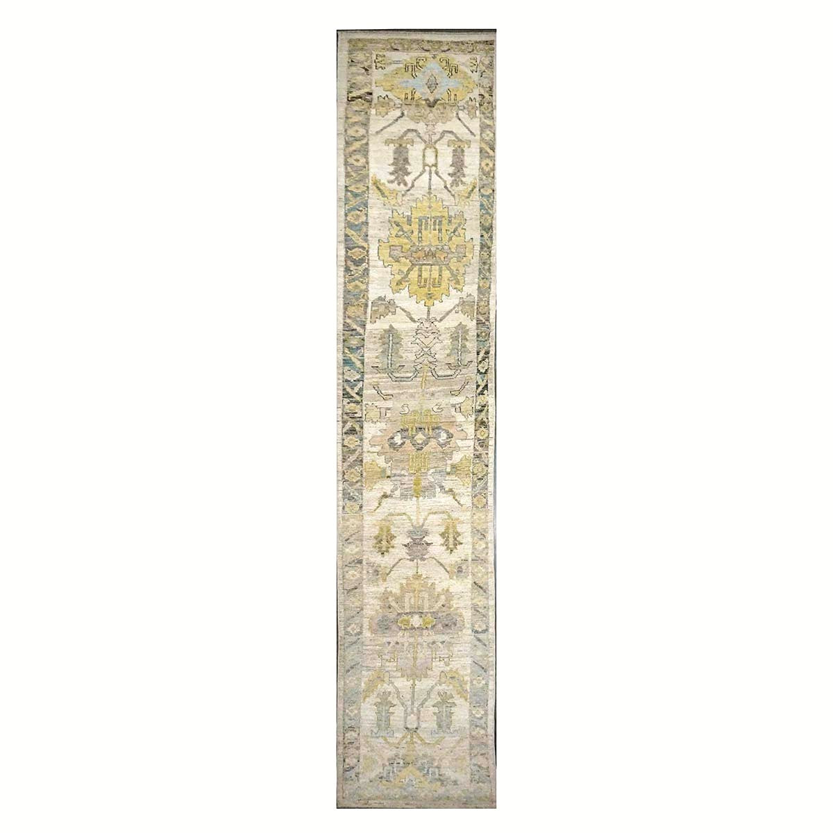21st Century Turkish Oushak Wool 3X19 Gold, Ivory & Charcoal Handmade Runner Rug #1144144