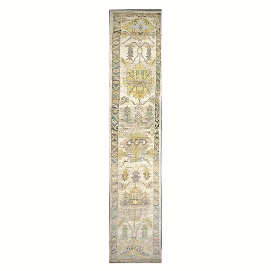 21st Century Turkish Oushak Wool 3X19 Gold, Ivory & Charcoal Handmade Runner Rug #1144144