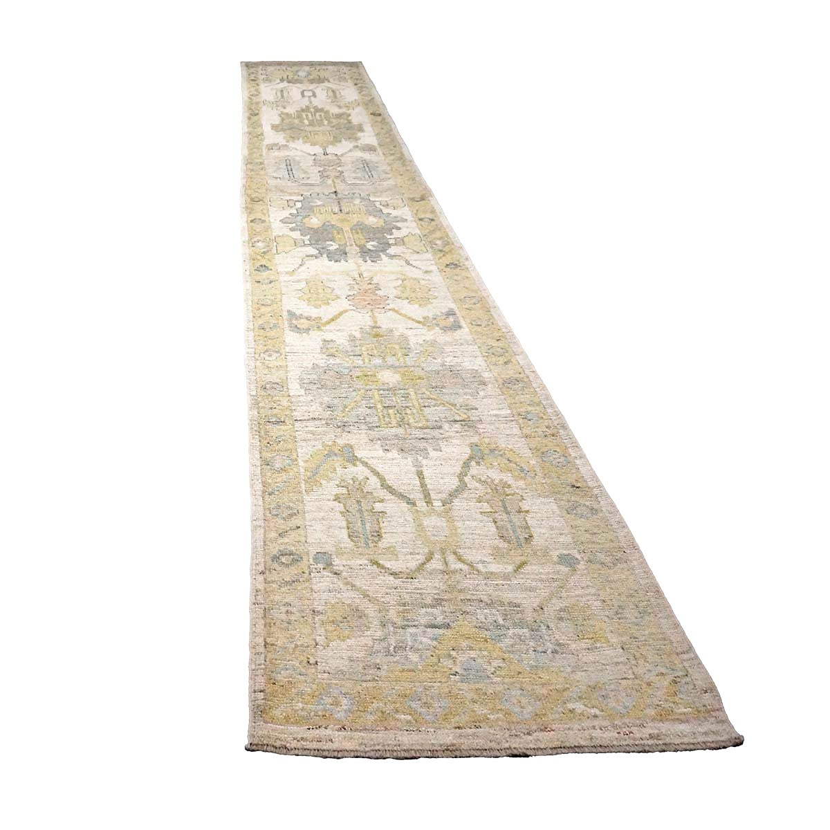 21st Century Turkish Oushak Wool 3X19 Gold, Ivory & Charcoal Handmade Runner Rug #1144144
