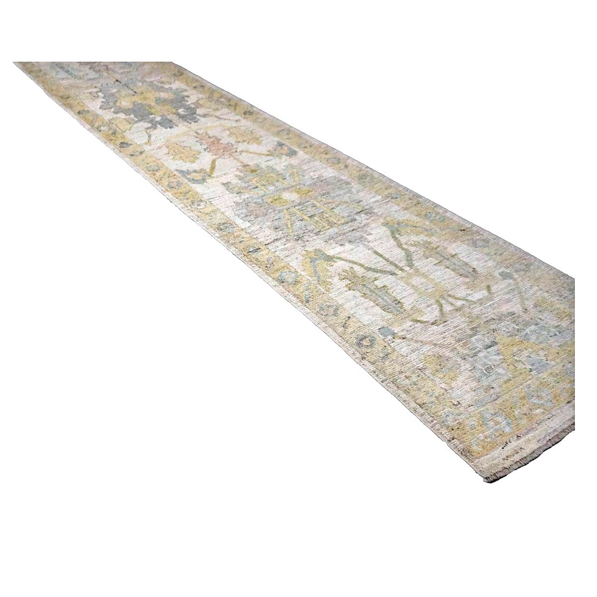 21st Century Turkish Oushak Wool 3X19 Gold, Ivory & Charcoal Handmade Runner Rug #1144144