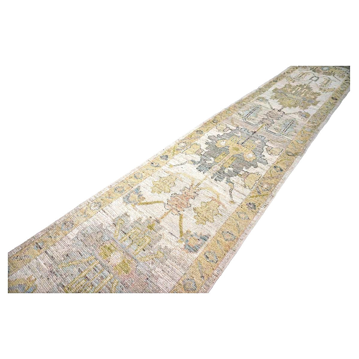 21st Century Turkish Oushak Wool 3X19 Gold, Ivory & Charcoal Handmade Runner Rug #1144144