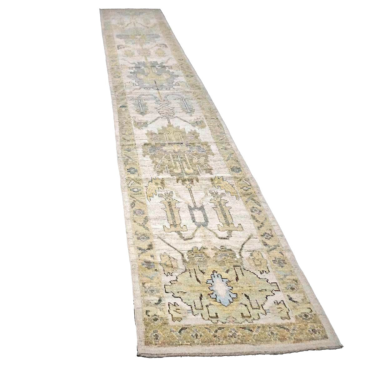 21st Century Turkish Oushak Wool 3X19 Gold, Ivory & Charcoal Handmade Runner Rug #1144144