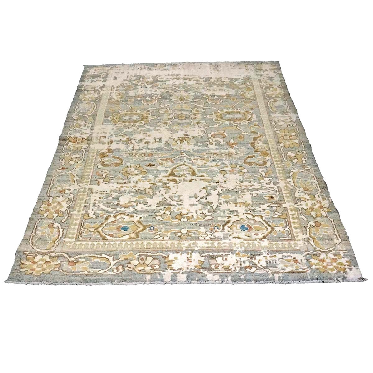 21st Century Turkish Oushak Wool & Silk 5X6 Gray, Ivory & Yellow Handmade Area Rug #1144146