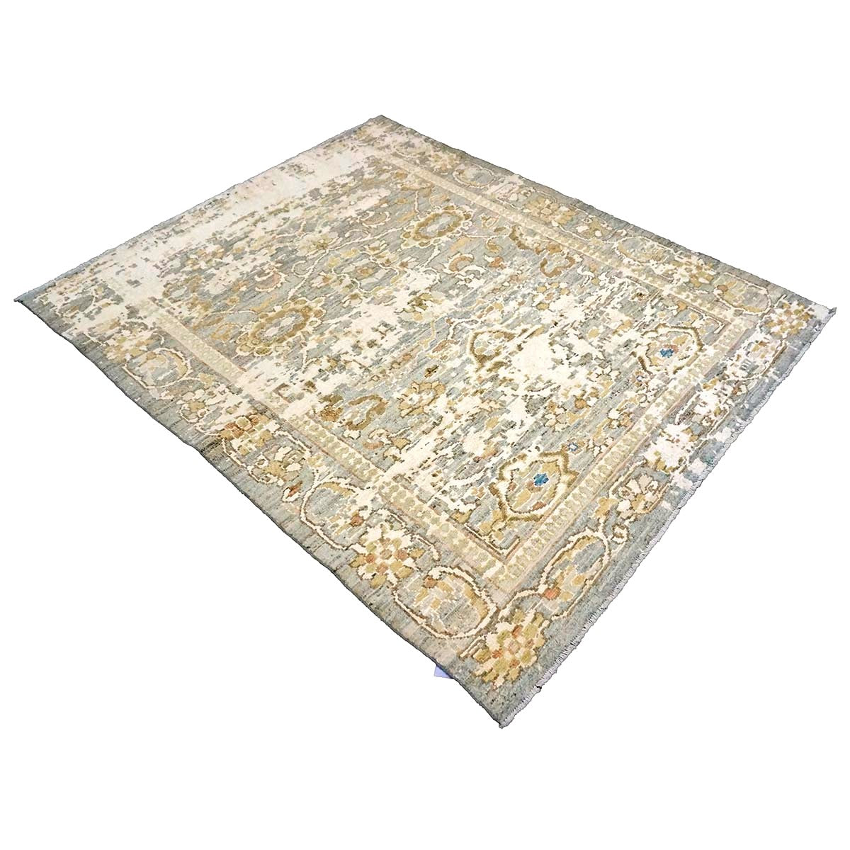 21st Century Turkish Oushak Wool & Silk 5X6 Gray, Ivory & Yellow Handmade Area Rug #1144146
