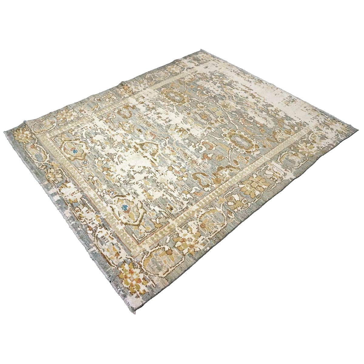21st Century Turkish Oushak Wool & Silk 5X6 Gray, Ivory & Yellow Handmade Area Rug #1144146
