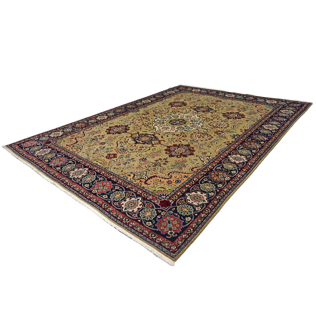 Vintage Persian Tabriz Wool 8x11 Tan, Red & Blue Handmade Area Rug #1144150