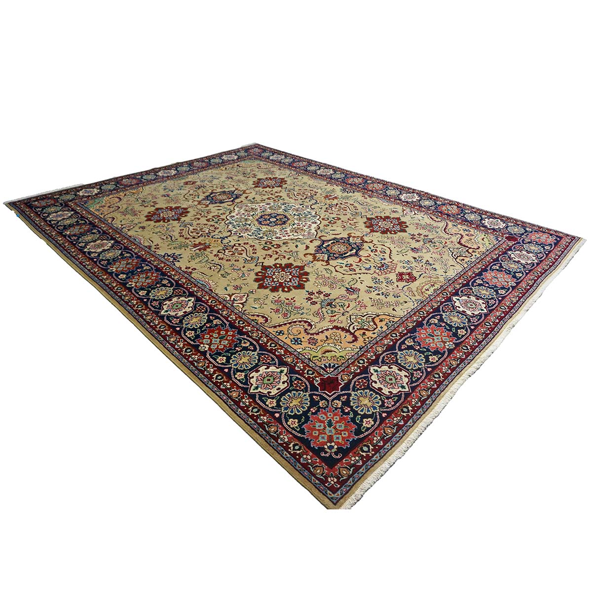 Vintage Persian Tabriz Wool 8x11 Tan, Red & Blue Handmade Area Rug #1144150