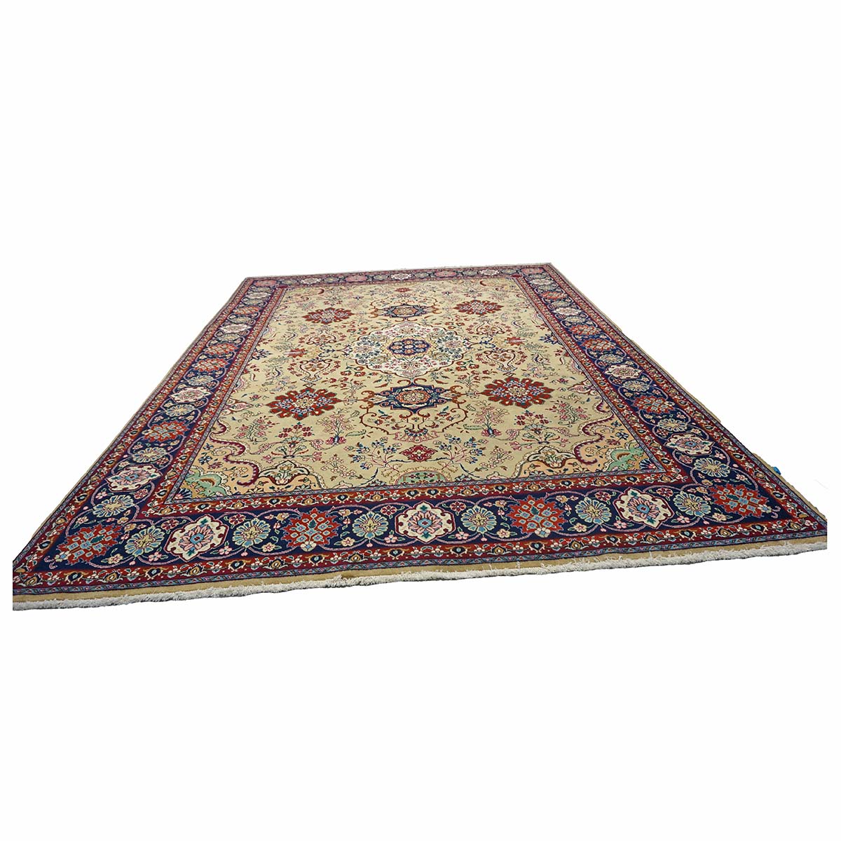 Vintage Persian Tabriz Wool 8x11 Tan, Red & Blue Handmade Area Rug #1144150