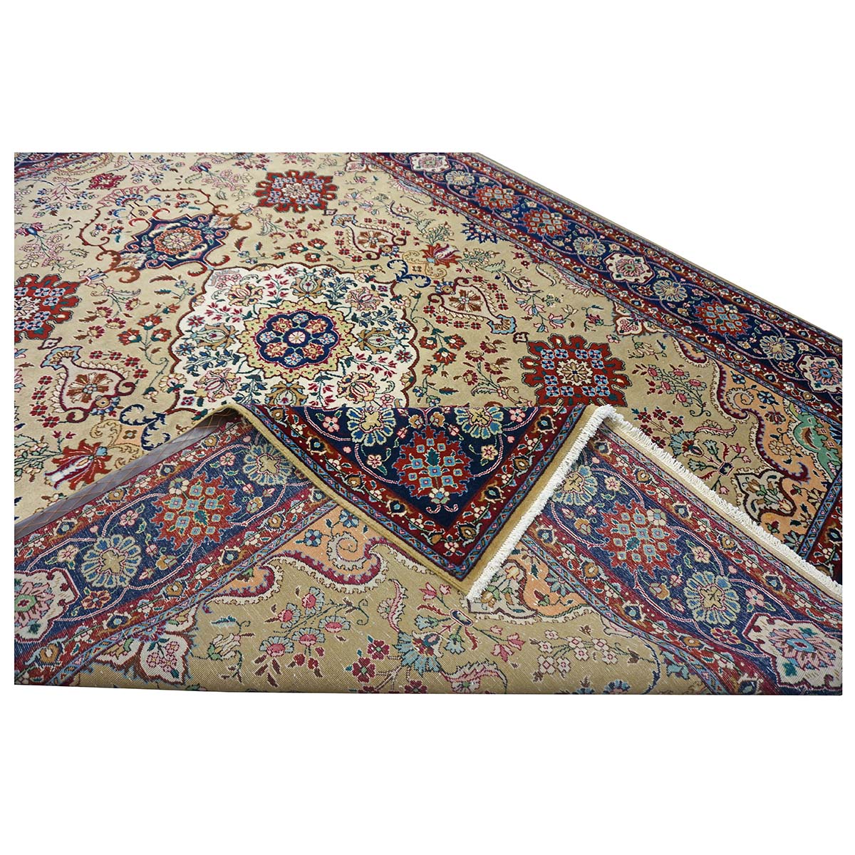 Vintage Persian Tabriz Wool 8x11 Tan, Red & Blue Handmade Area Rug #1144150