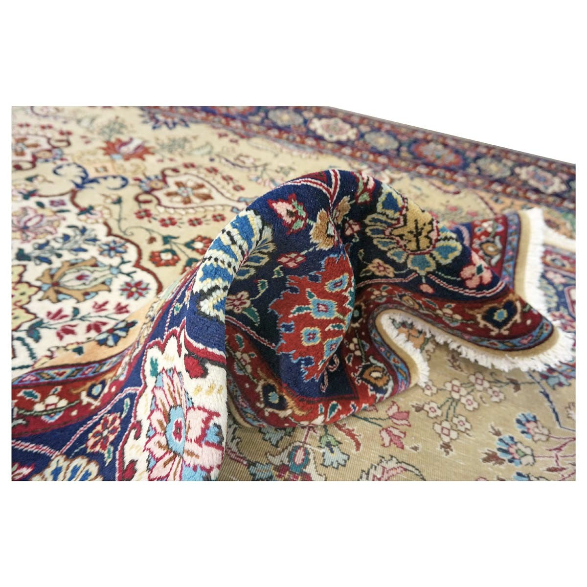 Vintage Persian Tabriz Wool 8x11 Tan, Red & Blue Handmade Area Rug #1144150