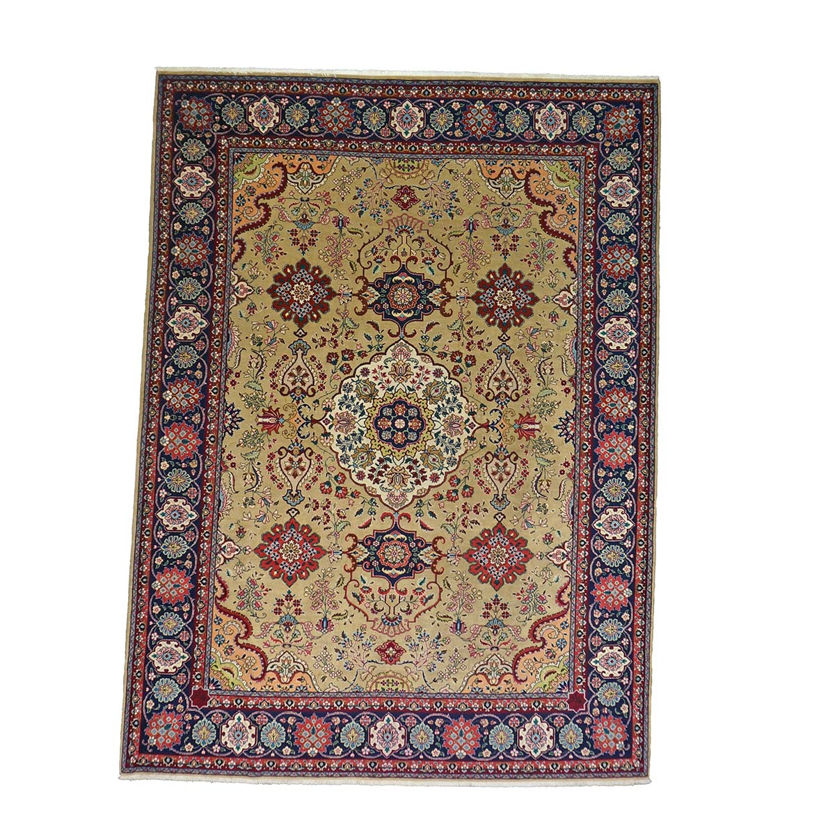 Vintage Persian Tabriz Wool 8x11 Tan, Red & Blue Handmade Area Rug #1144150