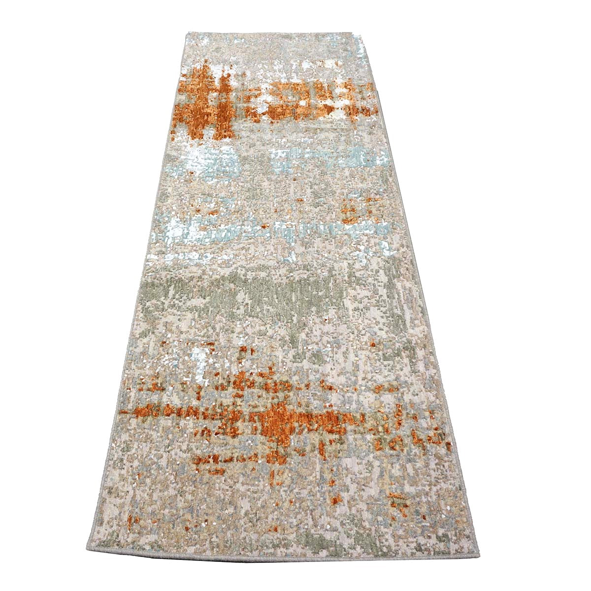 21st Century Indian Modern Wool & Silk 3X9 Grey, Rust, & Slate Runner Rug #1144152