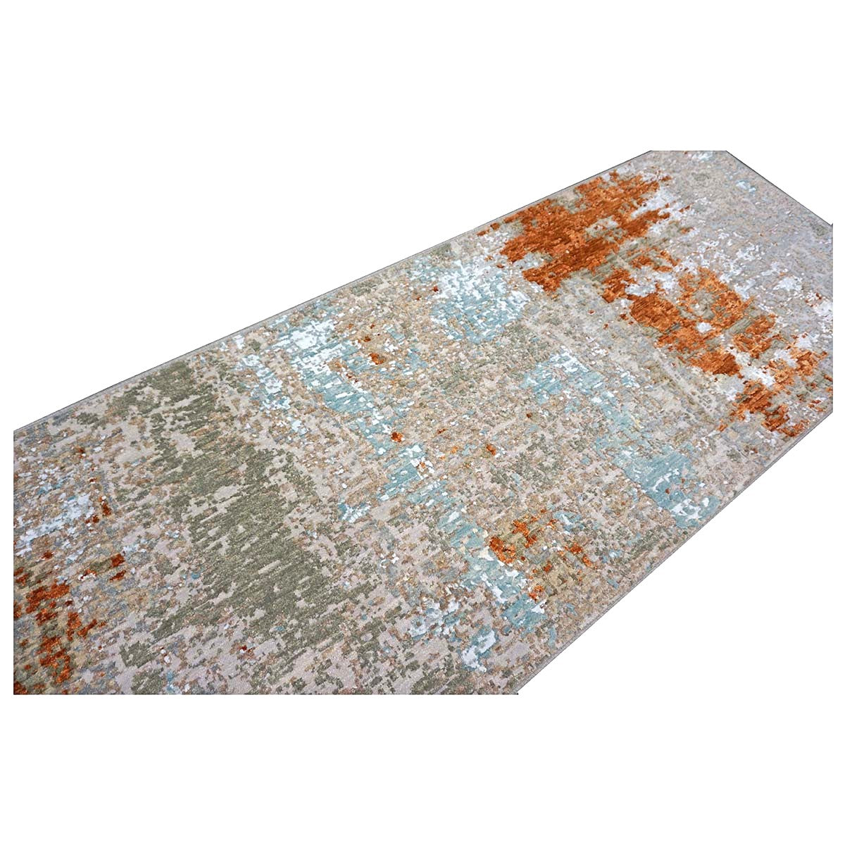 21st Century Indian Modern Wool & Silk 3X9 Grey, Rust, & Slate Runner Rug #1144152