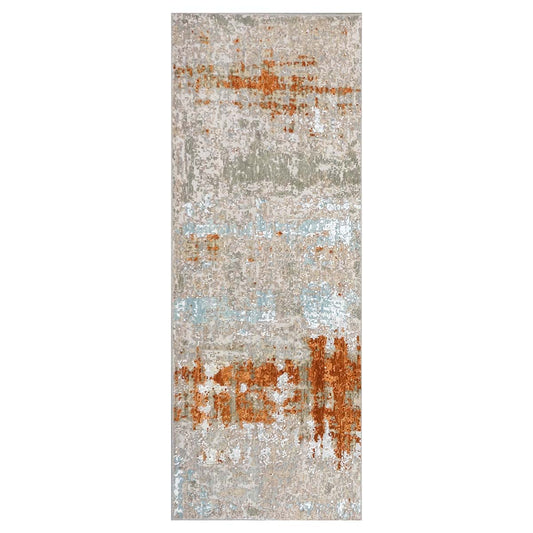 21st Century Indian Modern Wool & Silk 3X9 Grey, Rust, & Slate Runner Rug #1144152
