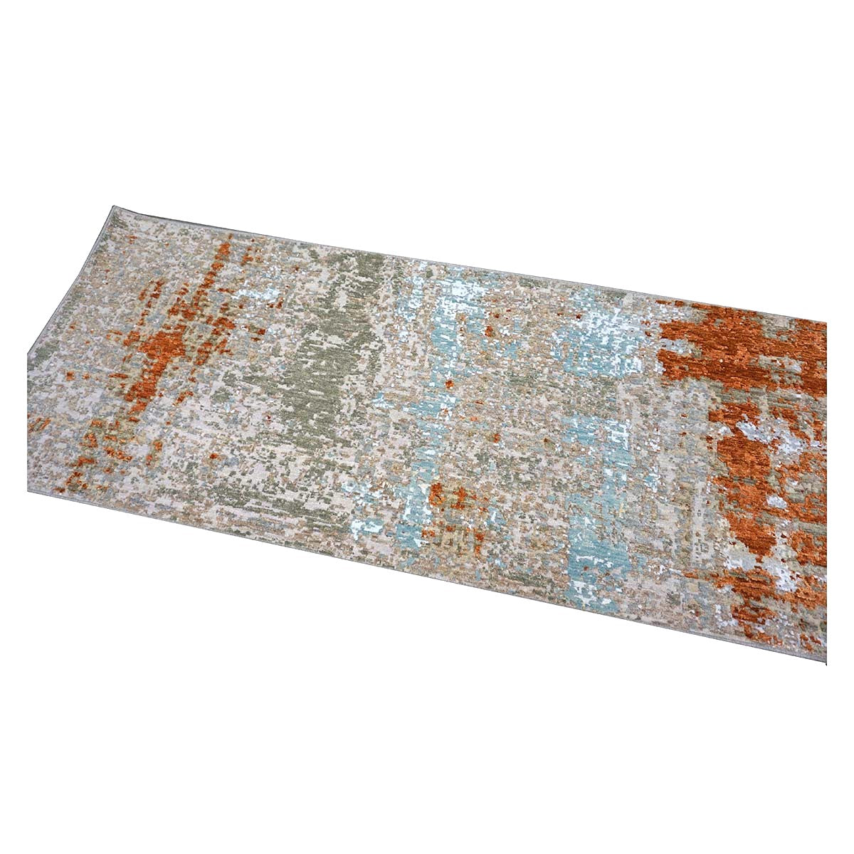 21st Century Indian Modern Wool & Silk 3X9 Grey, Rust, & Slate Runner Rug #1144152
