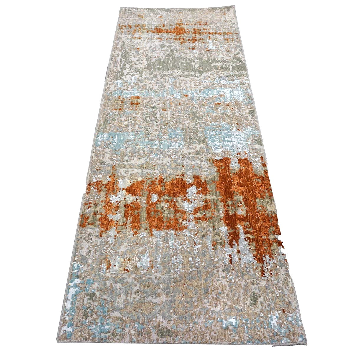 21st Century Indian Modern Wool & Silk 3X9 Grey, Rust, & Slate Runner Rug #1144152