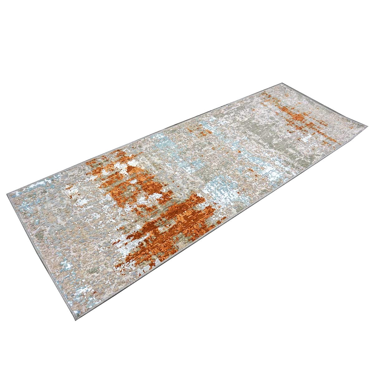 21st Century Indian Modern Wool & Silk 3X9 Grey, Rust, & Slate Runner Rug #1144152