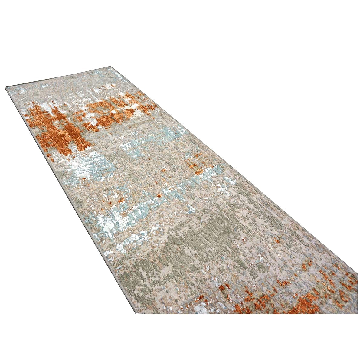 21st Century Indian Modern Wool & Silk 3X9 Grey, Rust, & Slate Runner Rug #1144152