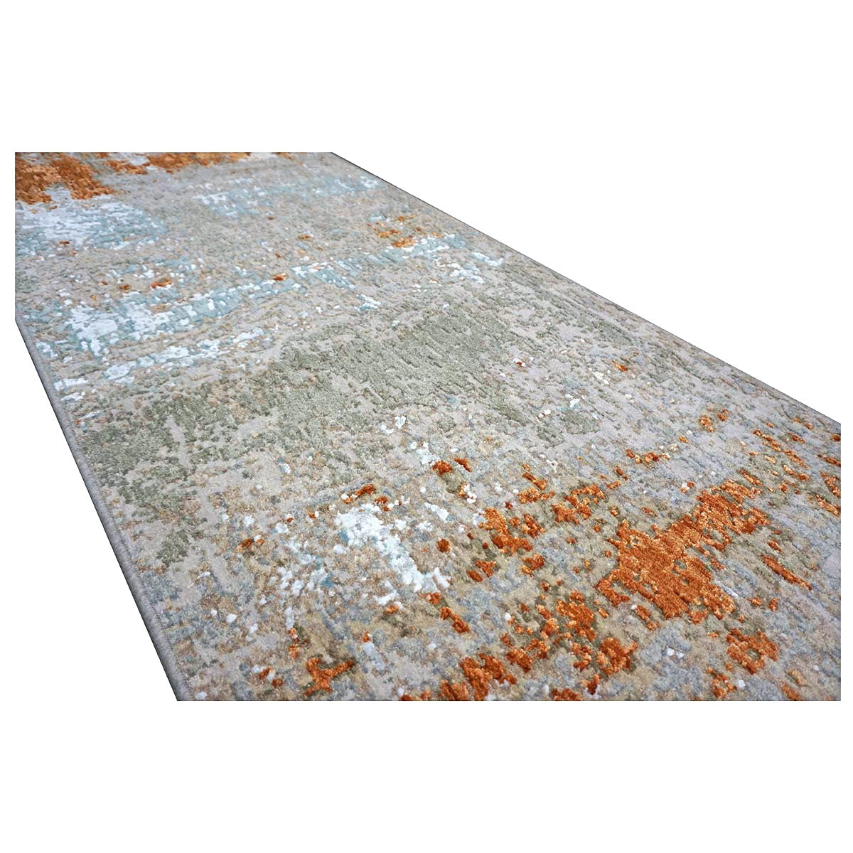 21st Century Indian Modern Wool & Silk 3X9 Grey, Rust, & Slate Runner Rug #1144152