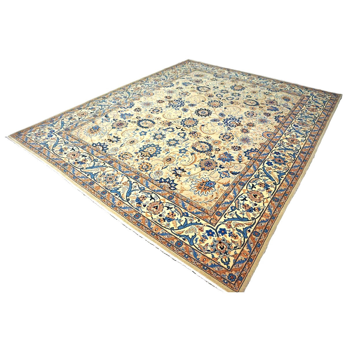 Vintage Persian Kashan Wool 8x10 Blue, Camel & Ivory Handmade Area Rug #1144159